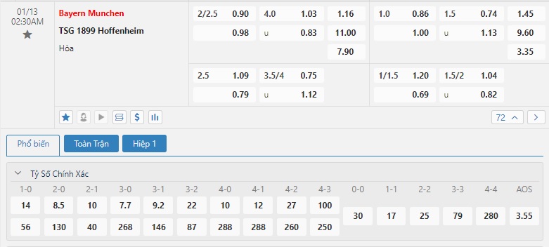 Kèo bóng đá Bayern Munich vs Hoffenheim 2h30 13/1/2024